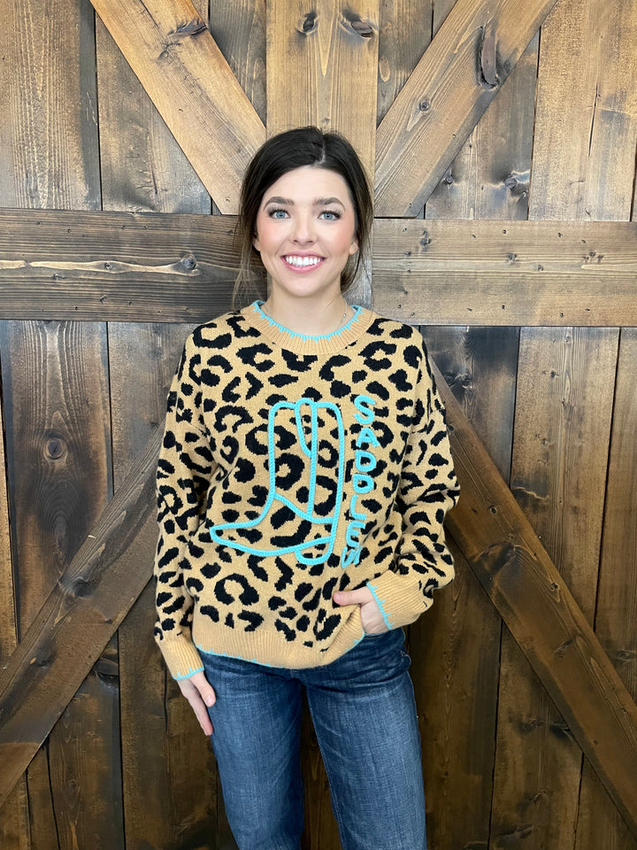 L&B Brown Leopard Knit Saddle Up Stitched Sweater