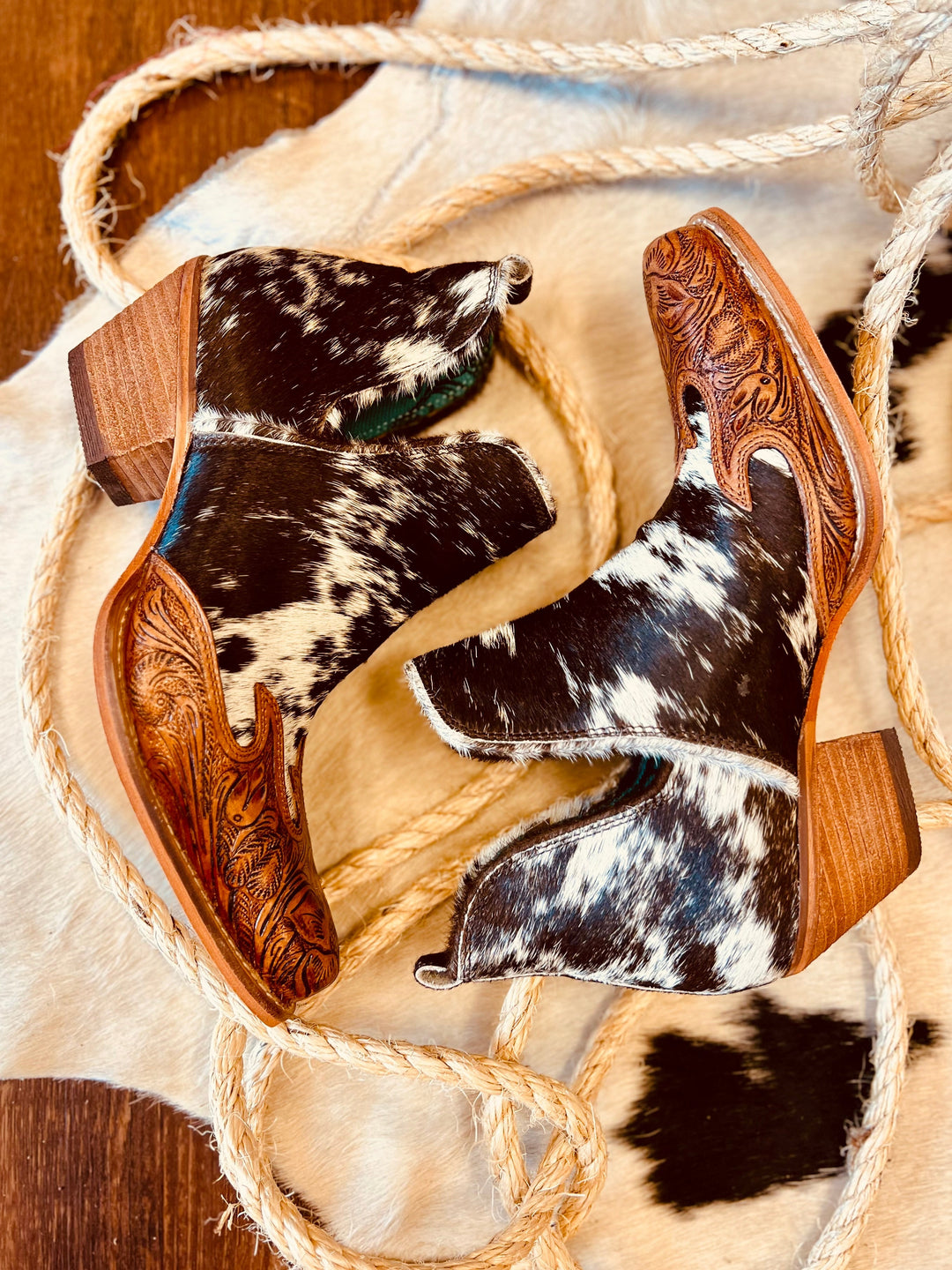 Frisco Blossom Hair On Hide Tooled Booties | gussieduponline