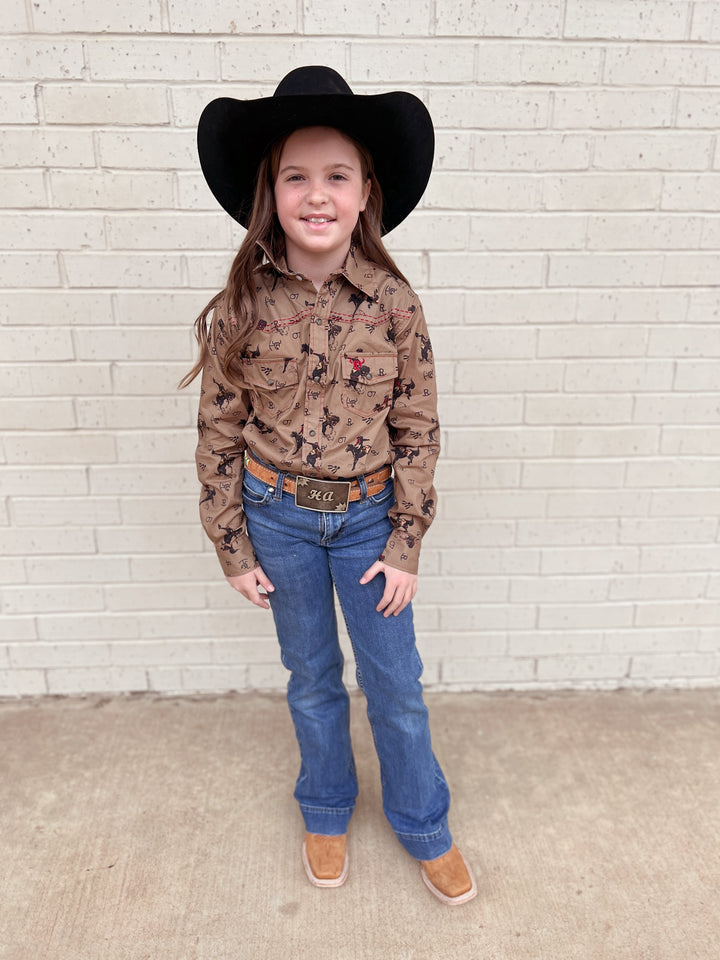Kid's Vintage Bronc Brown Long Sleeve | gussieduponline