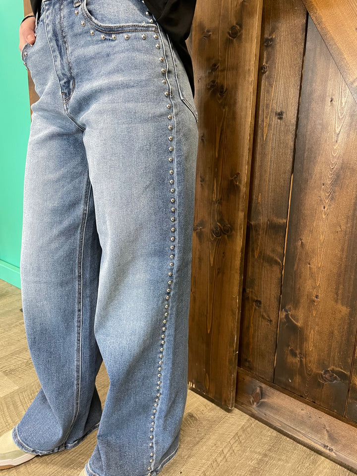 Studded Medium Wash High Rise Wide Leg Jeans