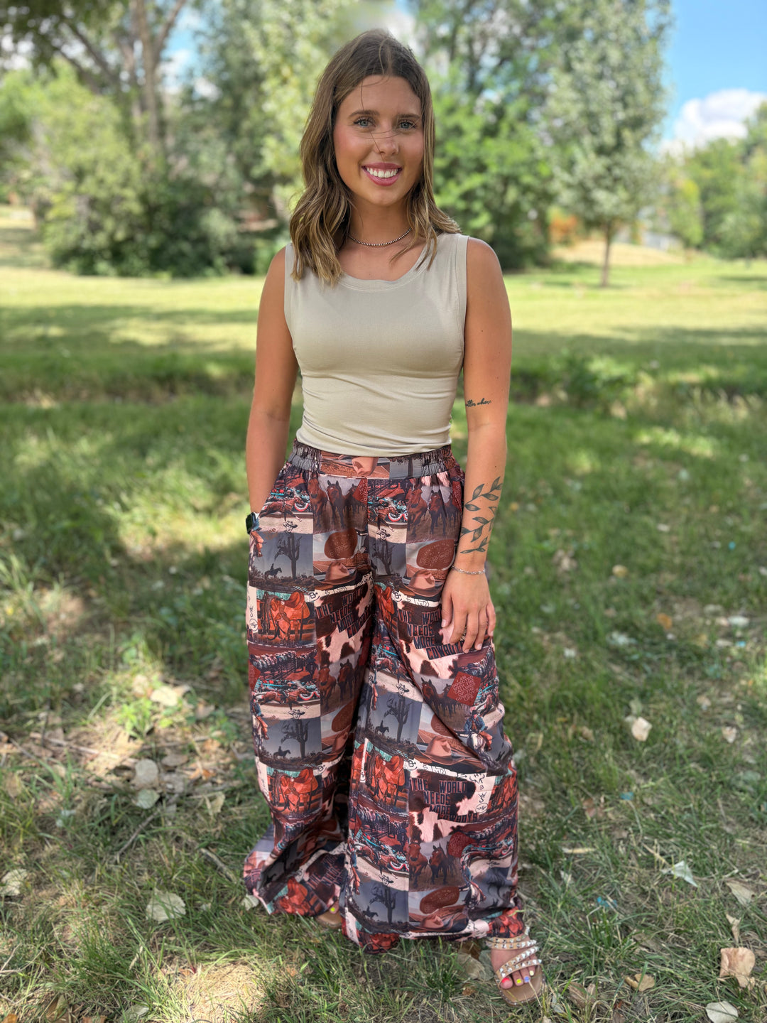 Western Collage Print High Waist Wide Leg Pants