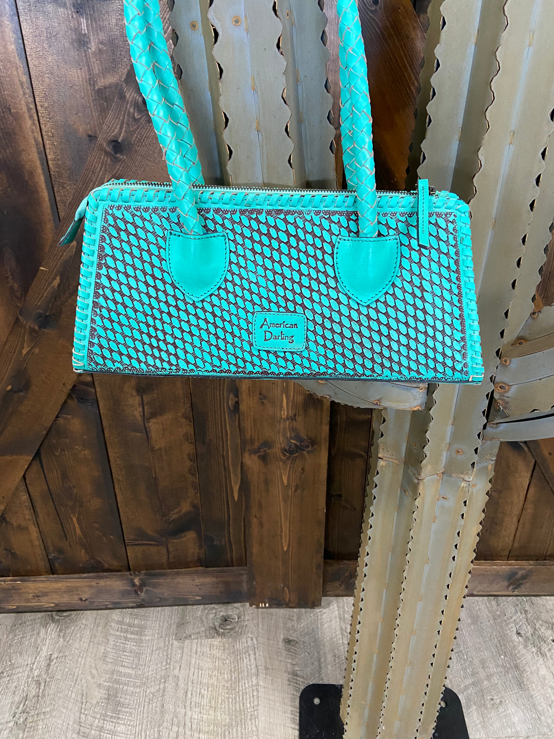 American Darling Genuine Leather Turquoise Tooled Clutch
