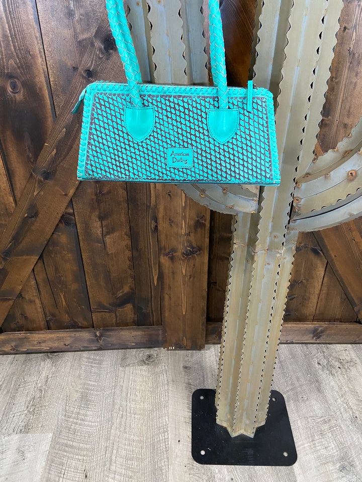 American Darling Genuine Leather Turquoise Tooled Clutch