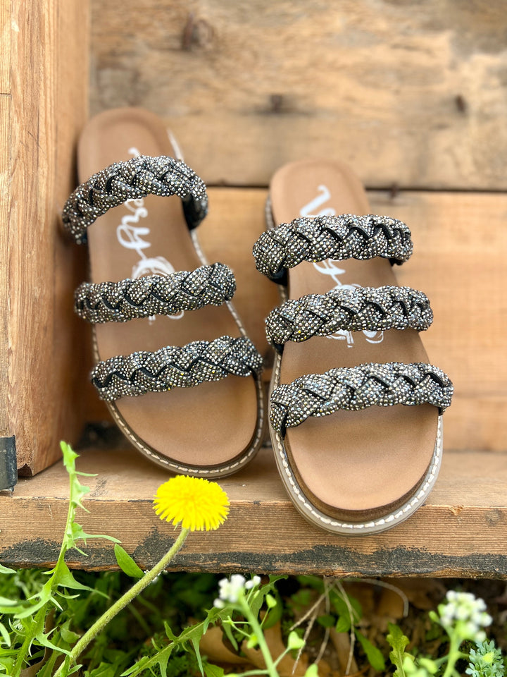 Luxurious Silver on Black Braided Sandals | gussieduponline