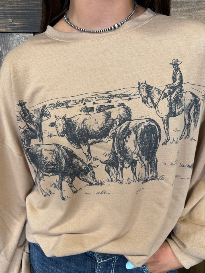 Camel Western Print Graphic Relaxed Sweatshirt
