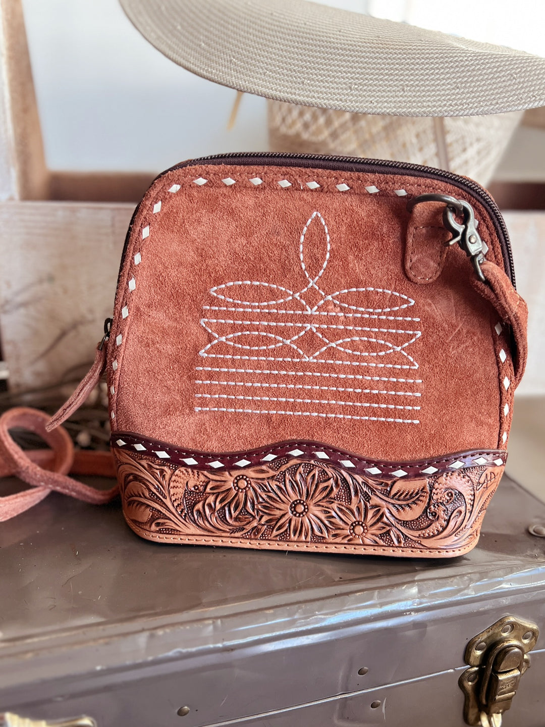 Darling Tan Suede Boot Stitch Wide Mouth Bag