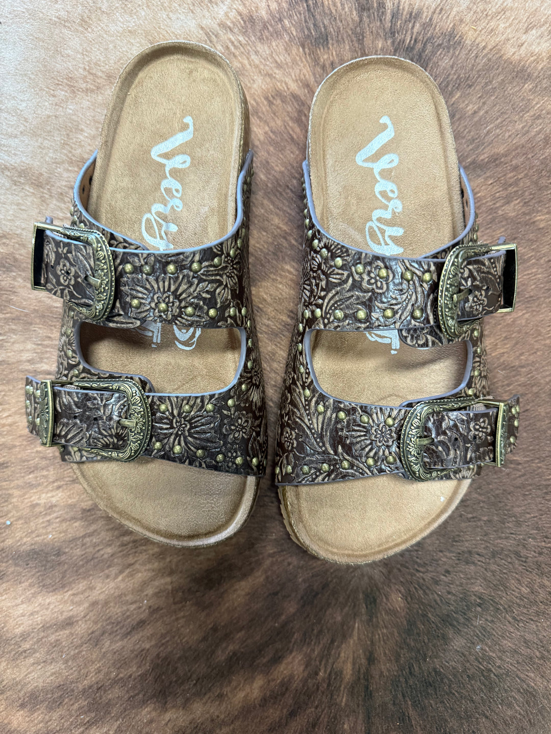 Very G Heidi Brown Studded Tooled Sandals