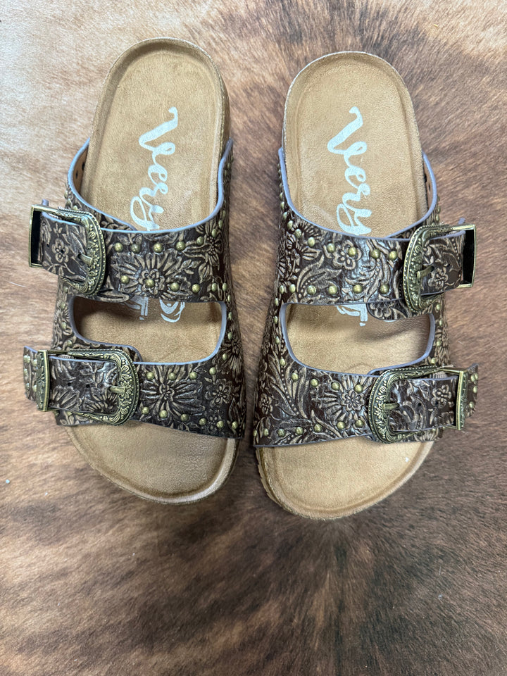 Very G Heidi Brown Studded Tooled Sandals