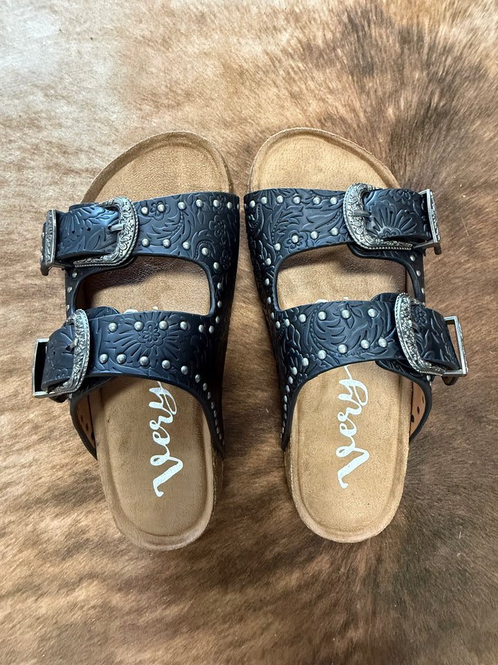Very G Heidi Black Studded Tooled Sandals