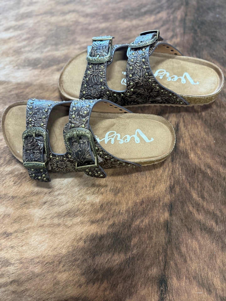 Very G Heidi Brown Studded Tooled Sandals