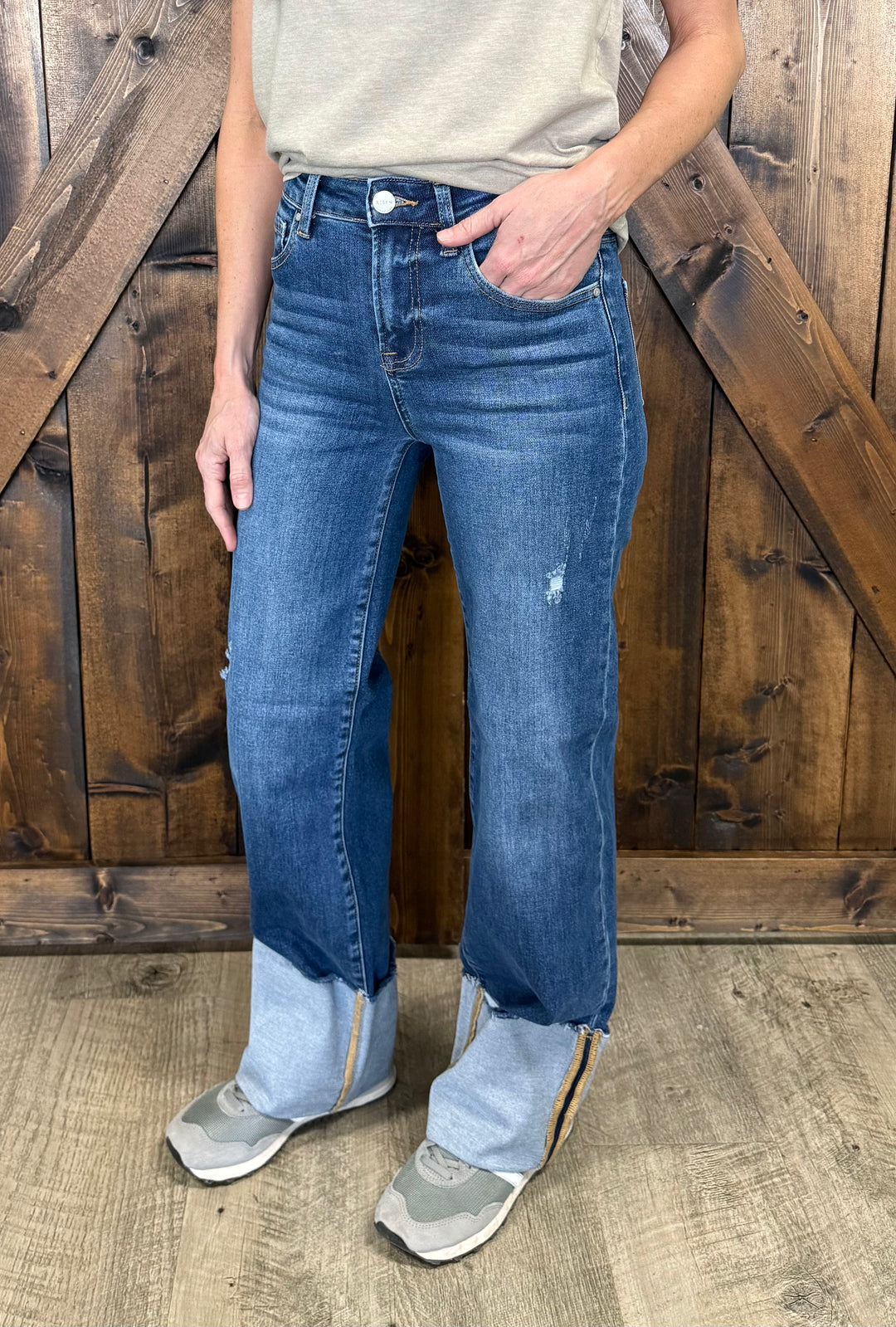 Risen Dark Wash High Rise Ankle Wide Cuffed Jeans