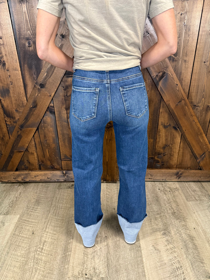 Risen Dark Wash High Rise Ankle Wide Cuffed Jeans