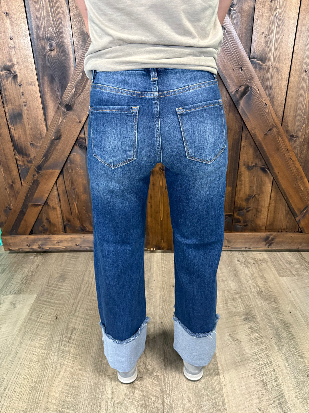 Risen Dark Wash Mid Rise Cropped Wide Cuffed Jeans