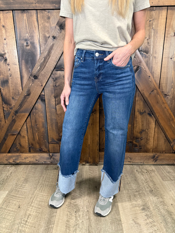 Risen Dark Wash Mid Rise Cropped Wide Cuffed Jeans