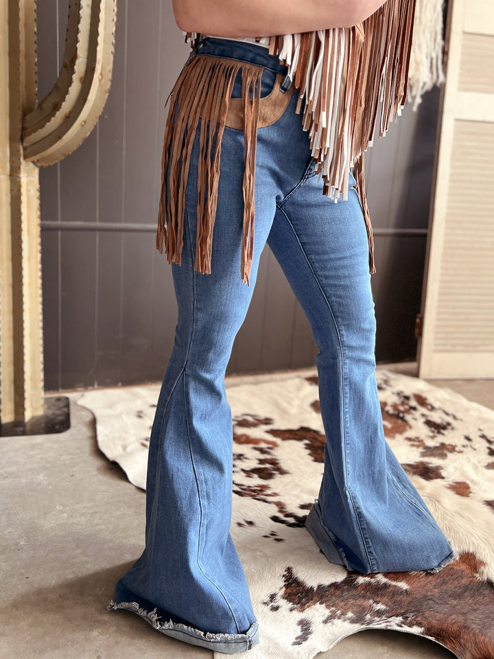 Bell Bottom Denim With Suede Fringe*