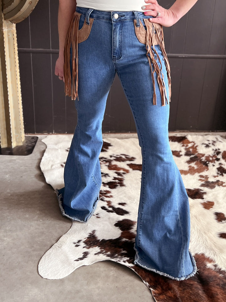 Bell Bottom Denim With Suede Fringe*