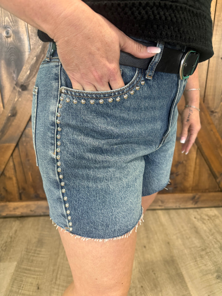 Judy Blue Medium Wash Cut Off Studded Shorts