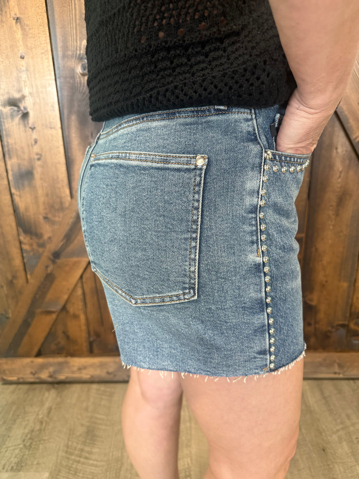 Judy Blue Medium Wash Cut Off Studded Shorts