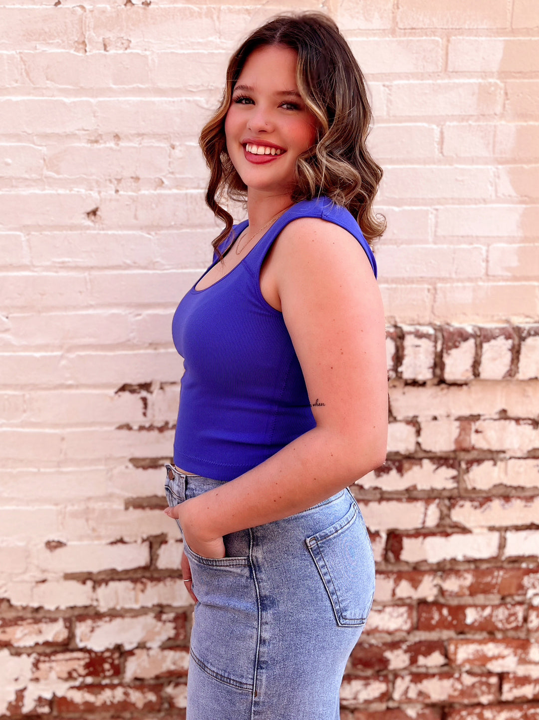 Marine Blue Seamless Deep Scoop Back Tank Top | gussieduponline