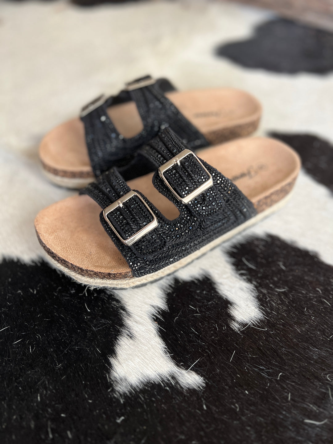 Black Rhinestone Double Buckle Burke Sandals*