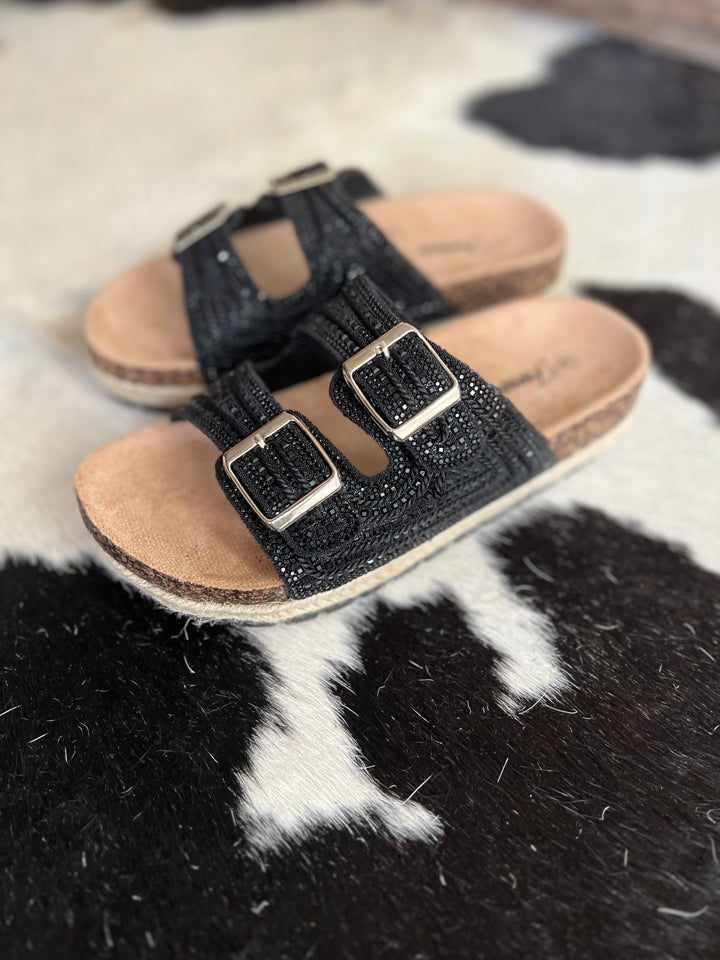 Black Rhinestone Double Buckle Burke Sandals*