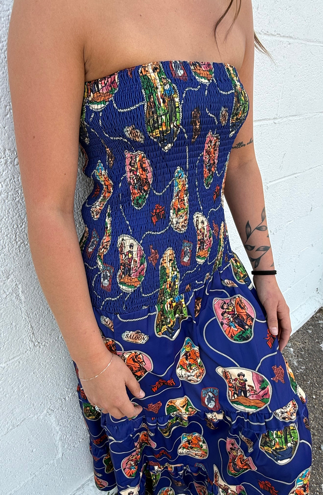 L&B Navy Western Print Smocked Maxi Dress