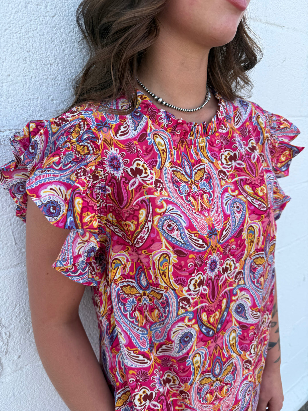 Fuchsia Paisley Short Sleeve Ruffle Dress