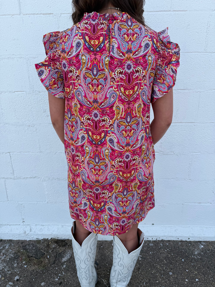 Fuchsia Paisley Short Sleeve Ruffle Dress