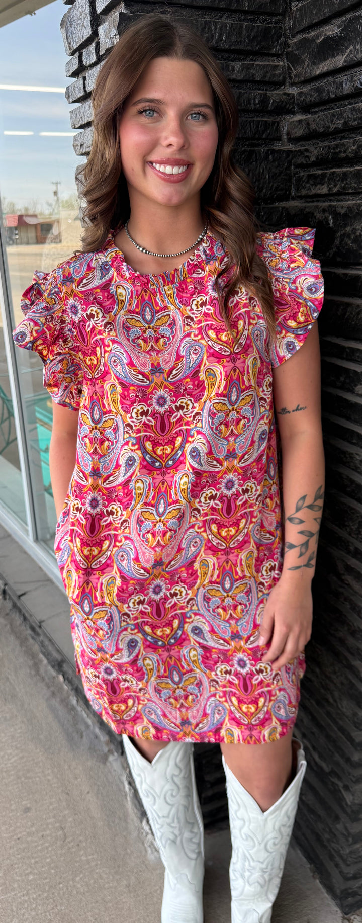 Fuchsia Paisley Short Sleeve Ruffle Dress