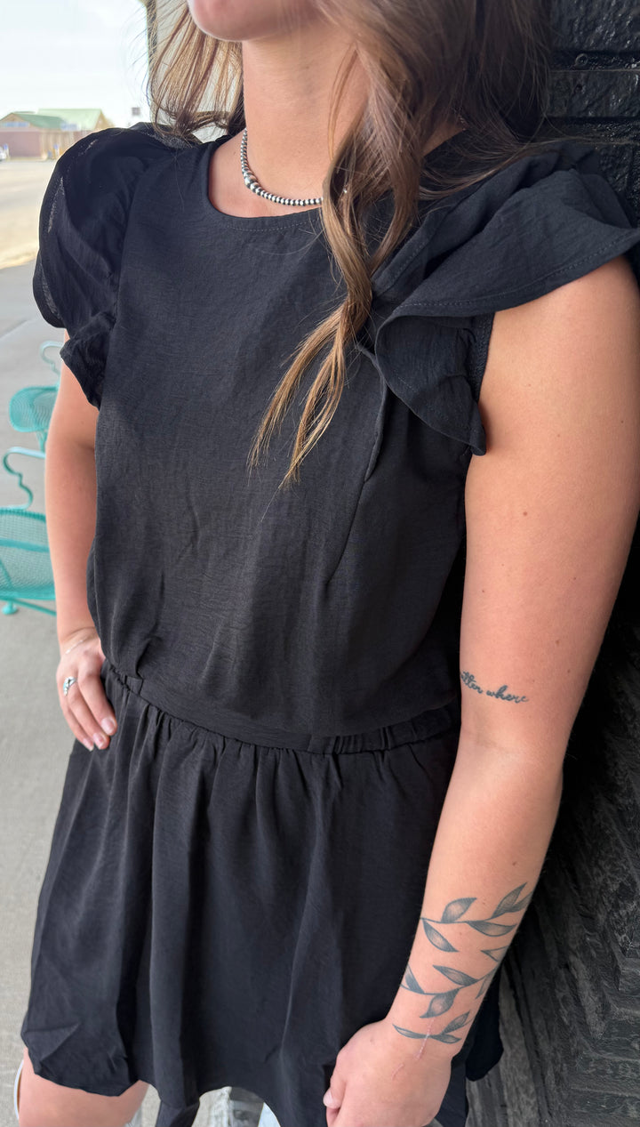 Timing  Black Round Neck Ruffled Short Sleeve Dress