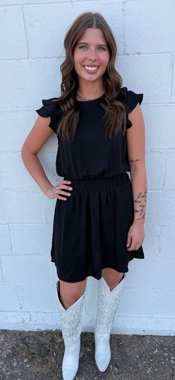 Timing  Black Round Neck Ruffled Short Sleeve Dress