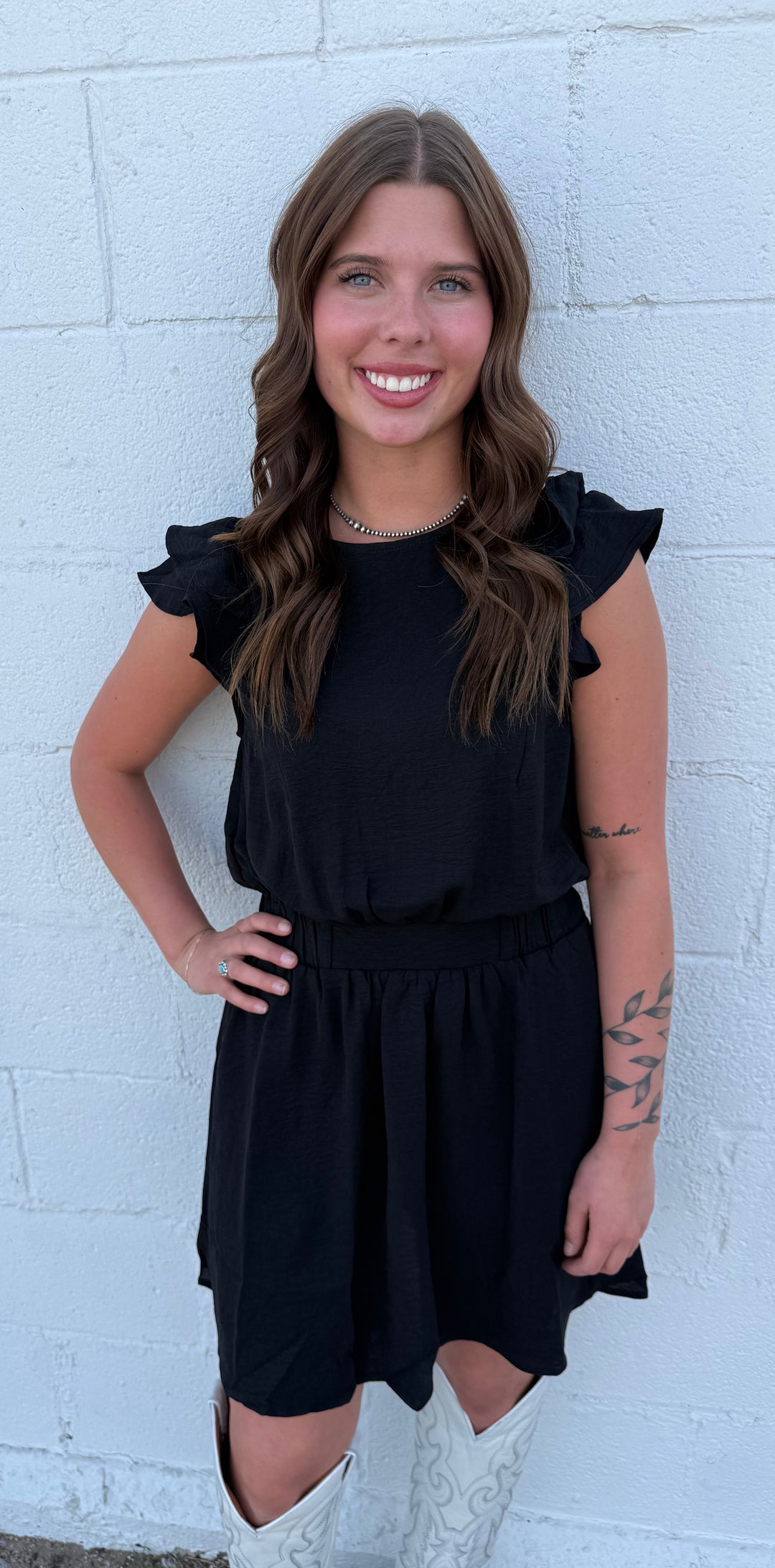 Timing  Black Round Neck Ruffled Short Sleeve Dress