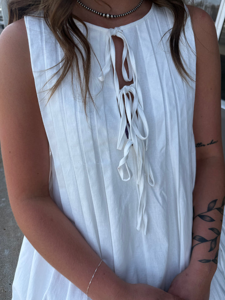 White Pleated Front Tie Mini Dress