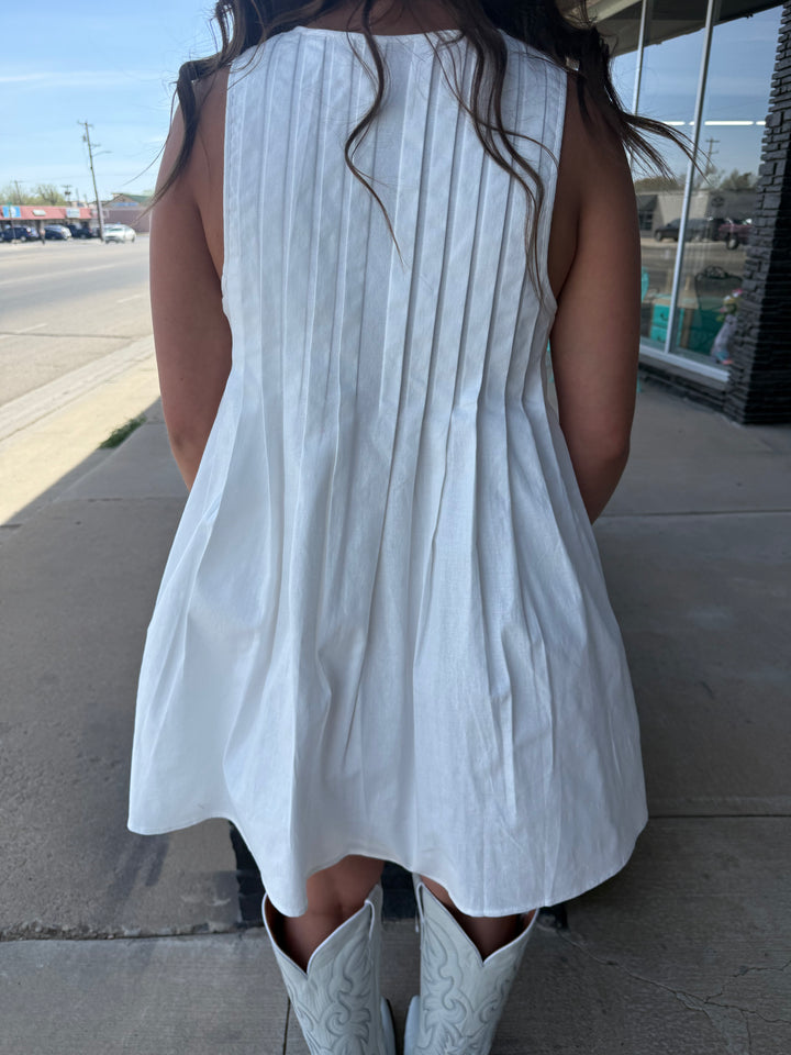 White Pleated Front Tie Mini Dress