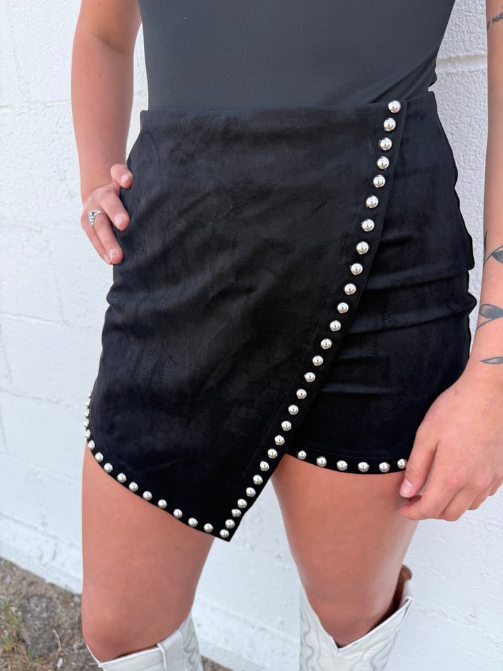 L&B Black Stretch Suede High Rise Studded Skort