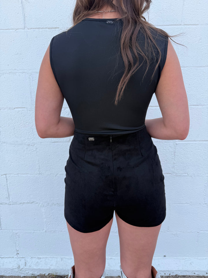 L&B Black Stretch Suede High Rise Studded Skort