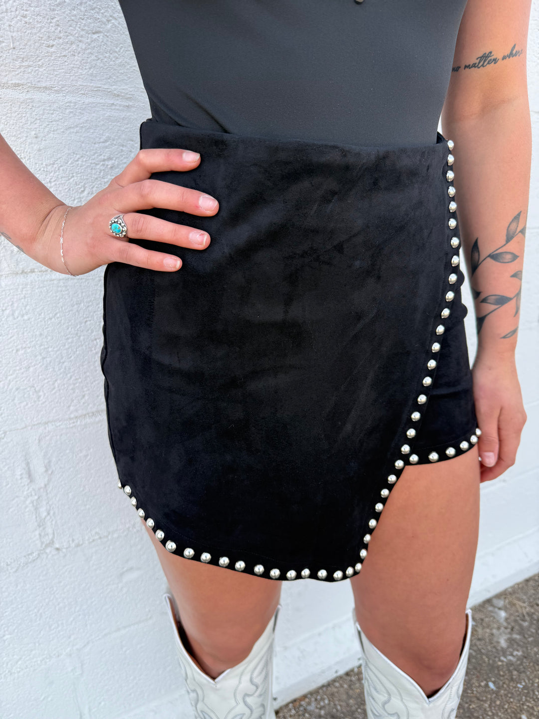 L&B Black Stretch Suede High Rise Studded Skort