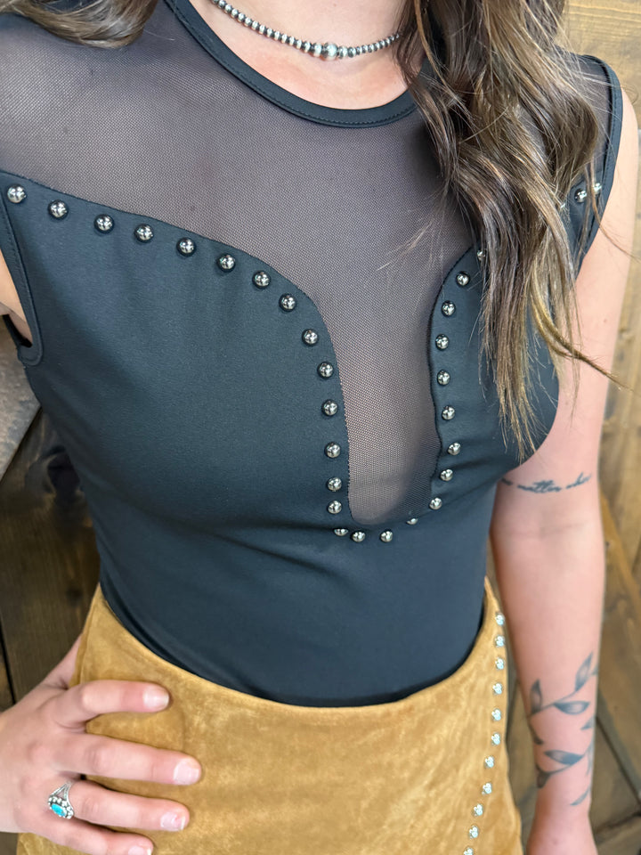 L&B Black Studded Mesh Front Bodysuit