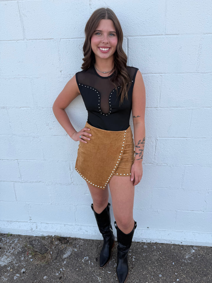 L&B Camel Stretch Suede High Rise Studded Skort