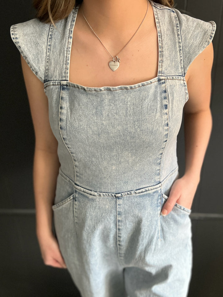 Ruffled Denim Open Smocked Back Jumpsuit*