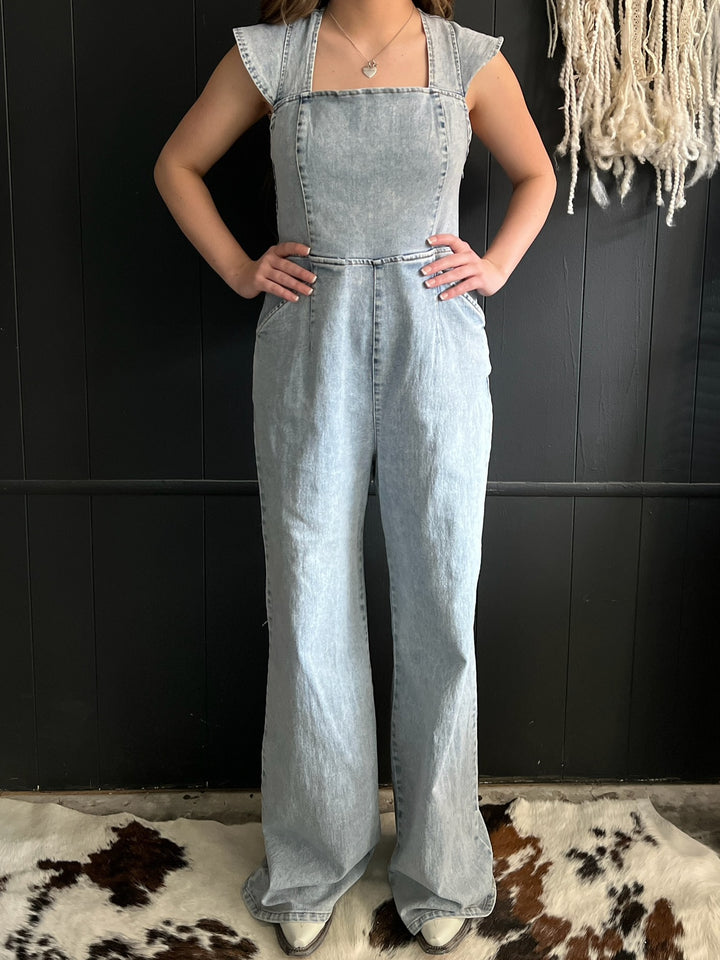 Ruffled Denim Open Smocked Back Jumpsuit*
