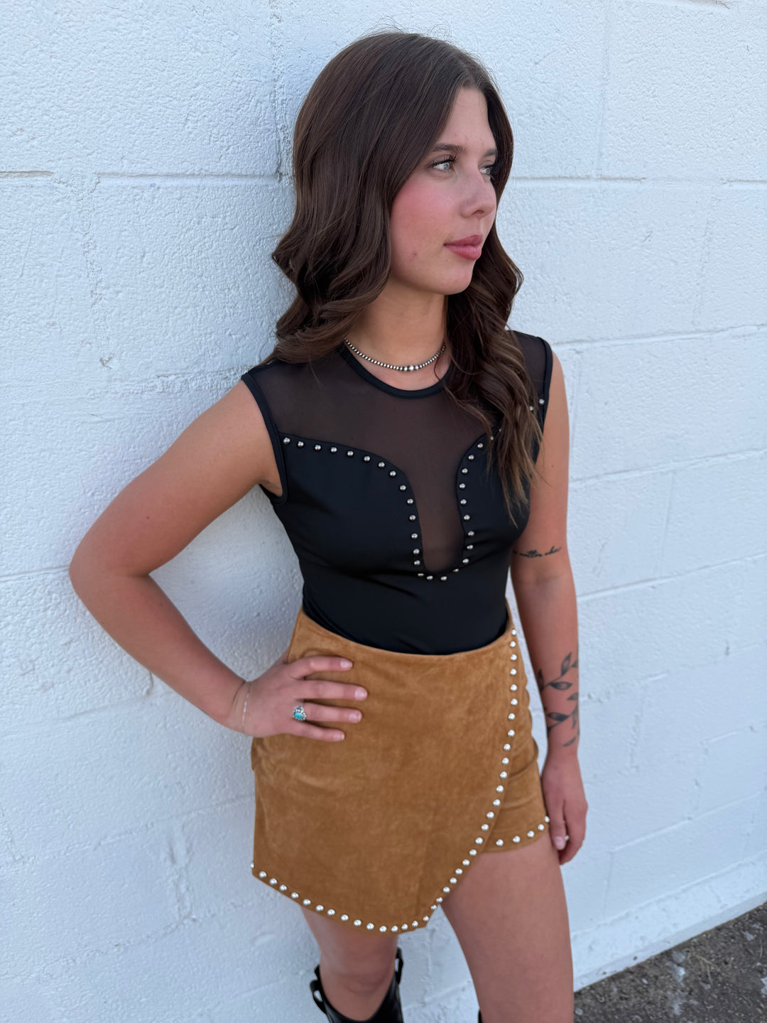 L&B Black Studded Mesh Front Bodysuit