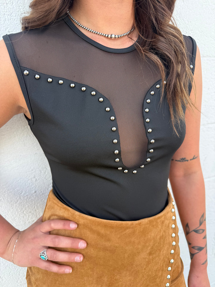 L&B Black Studded Mesh Front Bodysuit