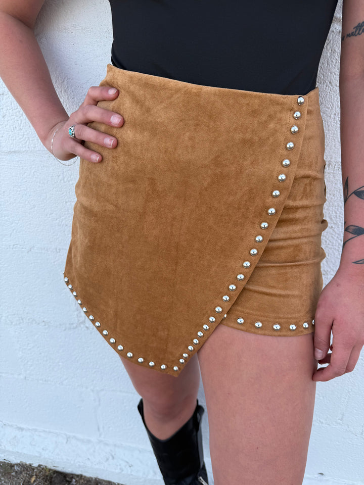 L&B Camel Stretch Suede High Rise Studded Skort