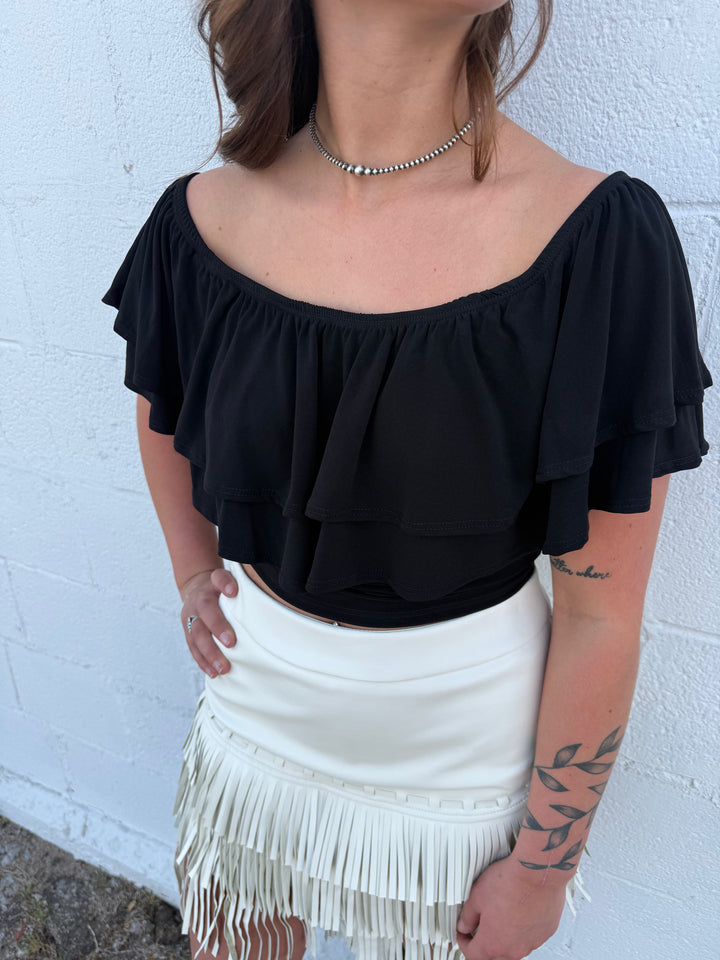 Black Off The Shoulder Strap Ruffle Crop Top