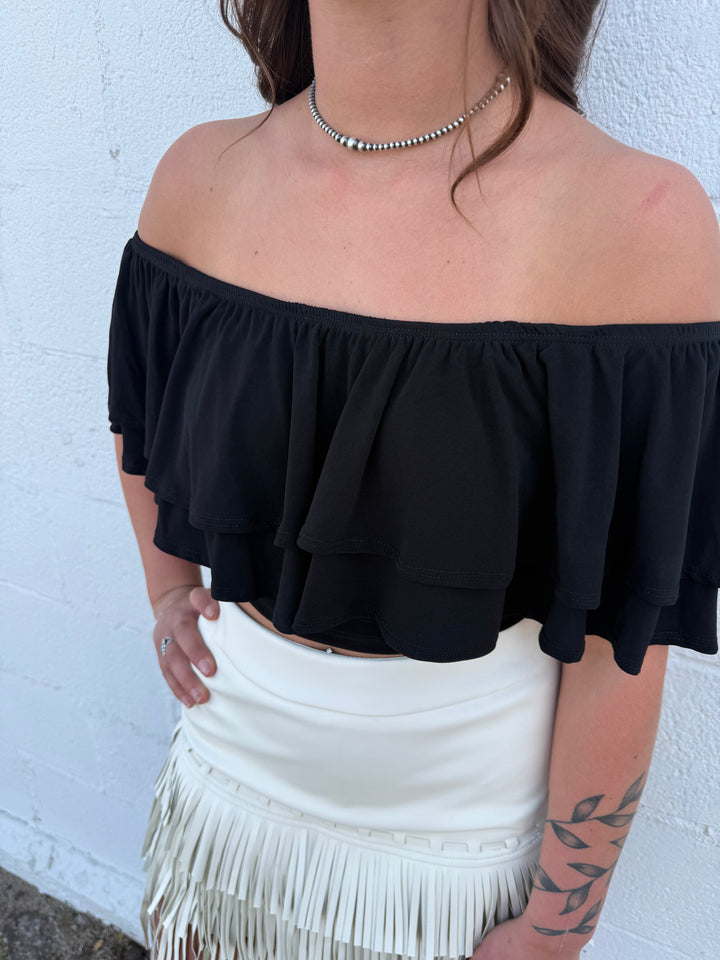 Black Off The Shoulder Strap Ruffle Crop Top