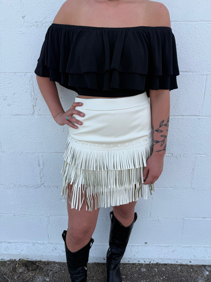 L&B Ivory Stitched Tier Fringe Skirt