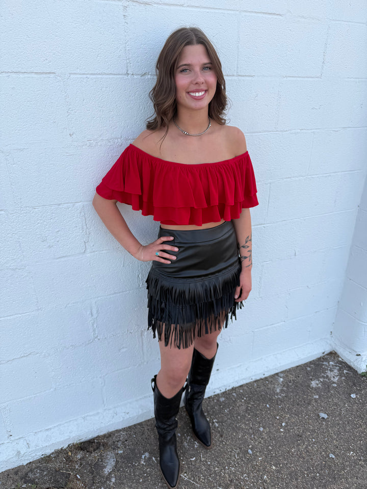 Red Off The Shoulder Strap Ruffle Crop Top