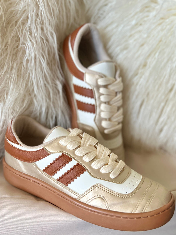 Maker's Shoes I Gussieduponline sneakers. tennis shoes. super comfortable. white. gold. rust. striped. athletic shoe. Women's Boutique. Women Owned Boutique. Small Business.