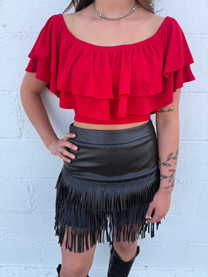 Red Off The Shoulder Strap Ruffle Crop Top